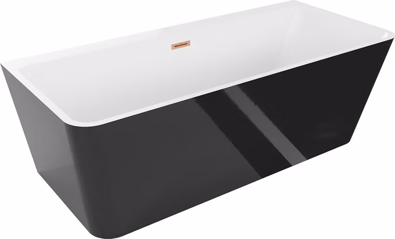 Mexen Volta vasca da bagno autoportante da parete 170 x 75 cm, bianca/nera, troppo pieno in rame spazzolato - 51131707575-65