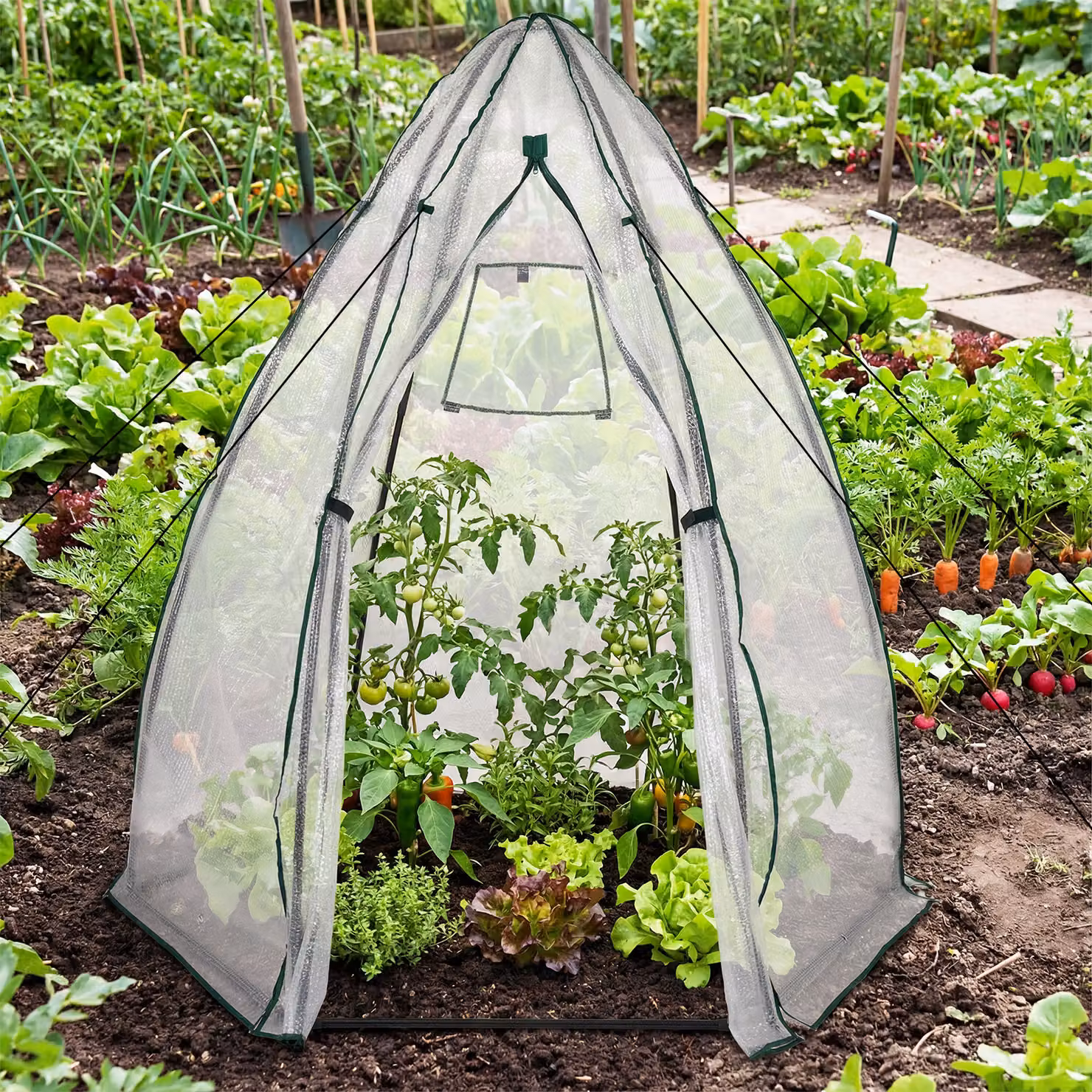 Mini serra portatile a cupola Costway per esterno con finestra a cerniera e rete, bianca e trasparente, L: 160 cm, P: 139 cm, H: 182 cm