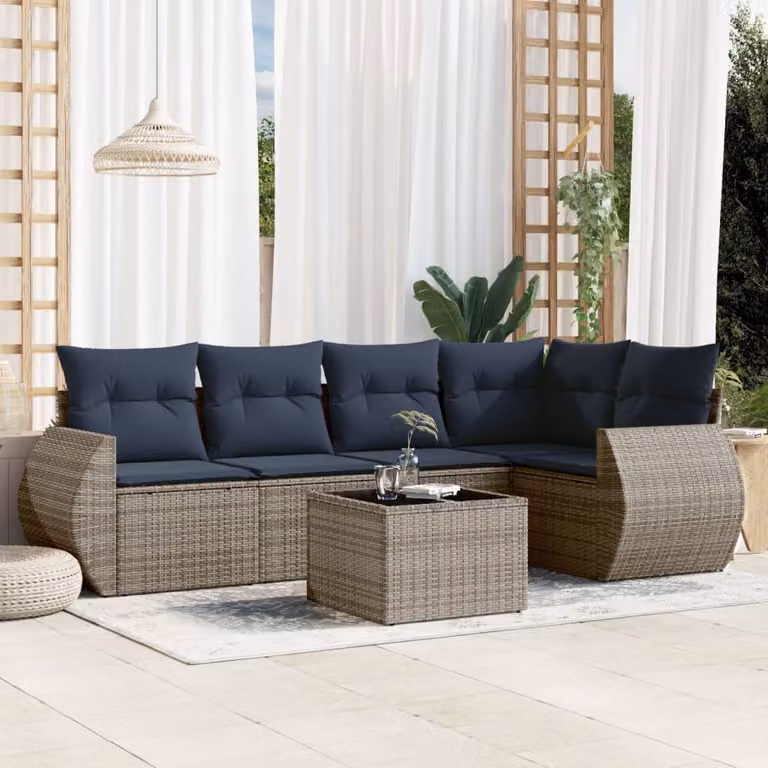 Set da giardino vidaXL in polyrattan grigio composto da 6 pezzi con cuscini e tavolino