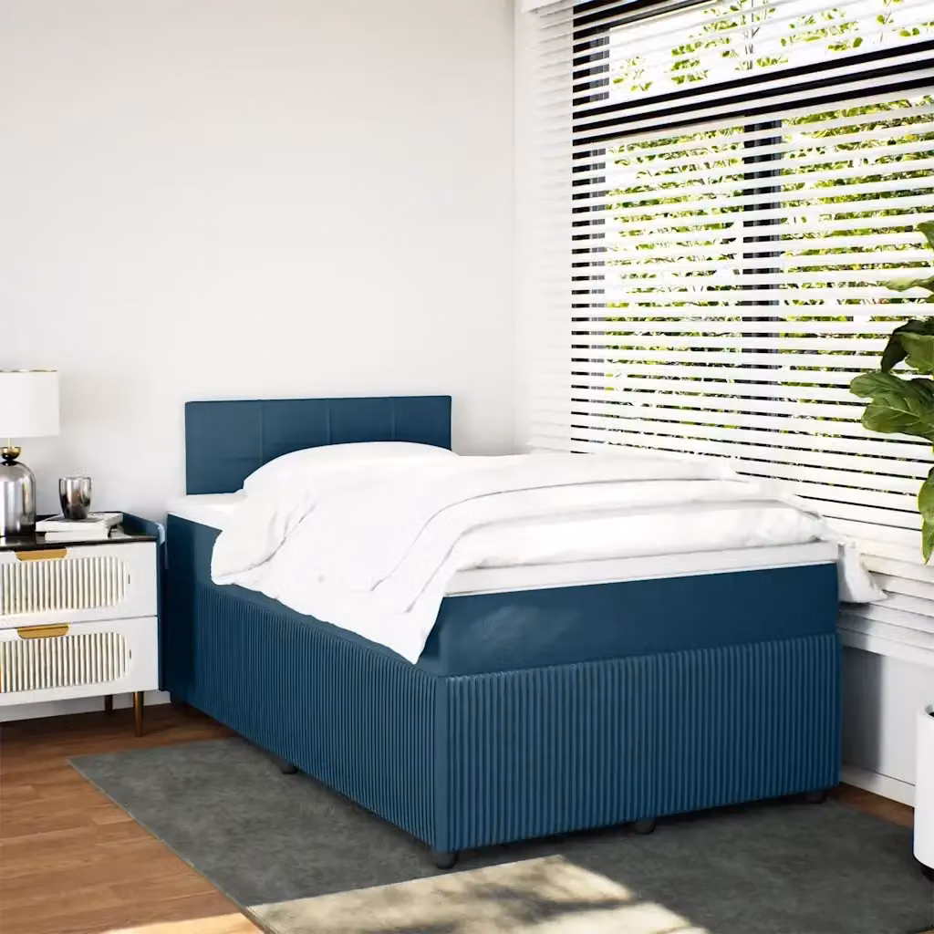 Letto con Giroletto a Molle e Materasso Ibrido vidaXL in Velluto Blu e Bianco L/P: 120 x 200 cm – 2