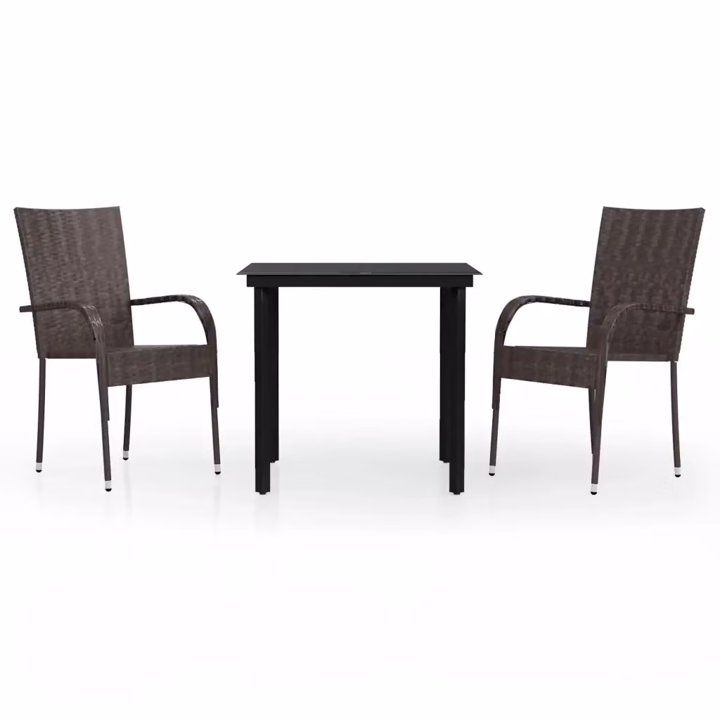 Set da pranzo per giardino vidaXL in rattan e vetro, 3 pezzi, marrone e nero – 2