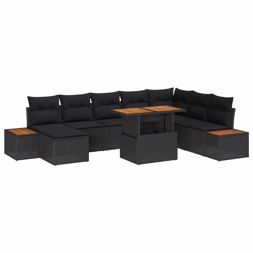 vidaXL Set Divano da Giardino 9 pz a forma di U in Rattan Nero con Cuscini e Tavolino da Caffè – 2