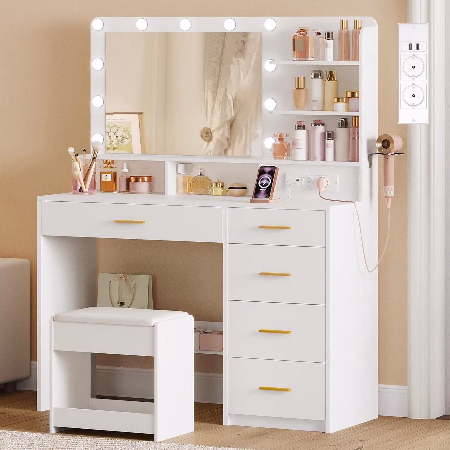 Comò da trucco con illuminazione a LED e sgabello, bianco, 40 x 108 x 139 cm