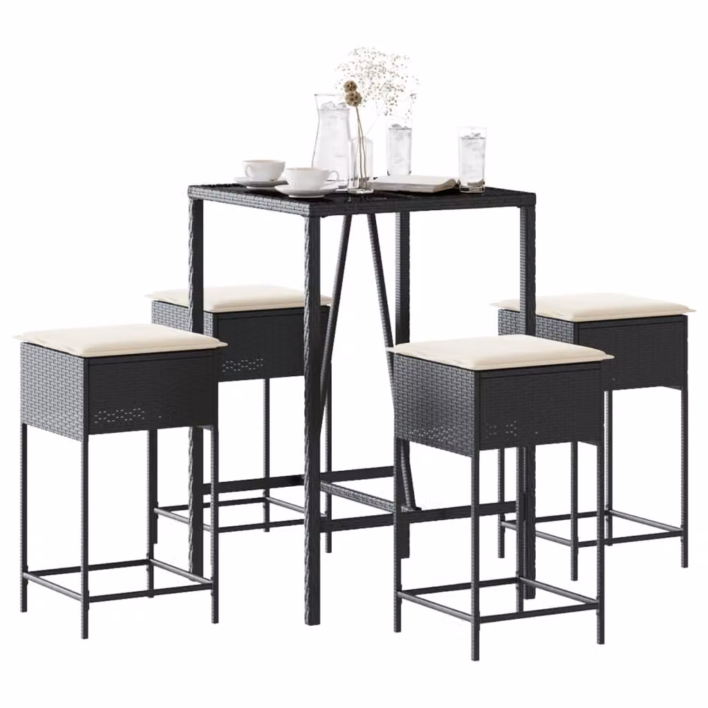 Set Bar da Giardino vidaXL in Polyrattan Nero con 5 Pezzi e Cuscini
