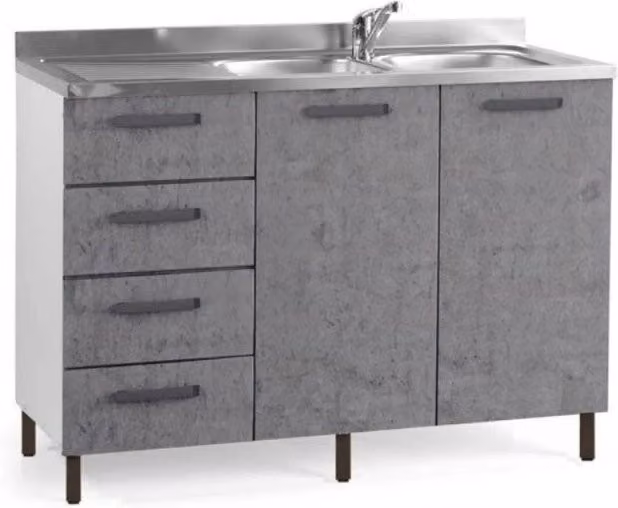 Sottolavello con cassetti 120 cm sinistro con lavello colore cemento