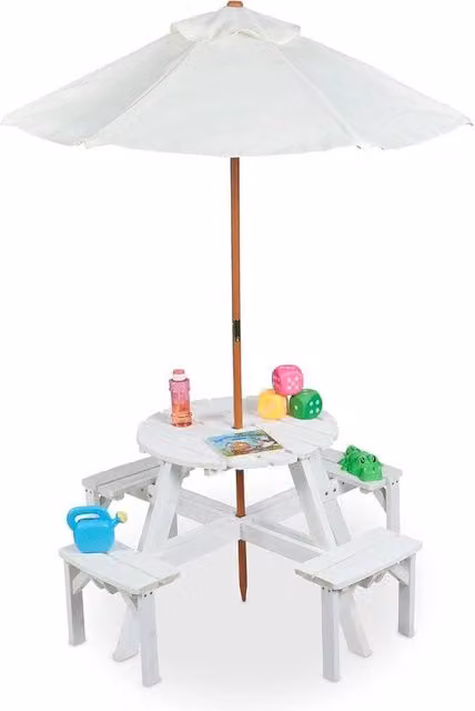 Set da giardino per bambini con tavolo da picnic, ombrellone e sedie in legno per bambini, bianco