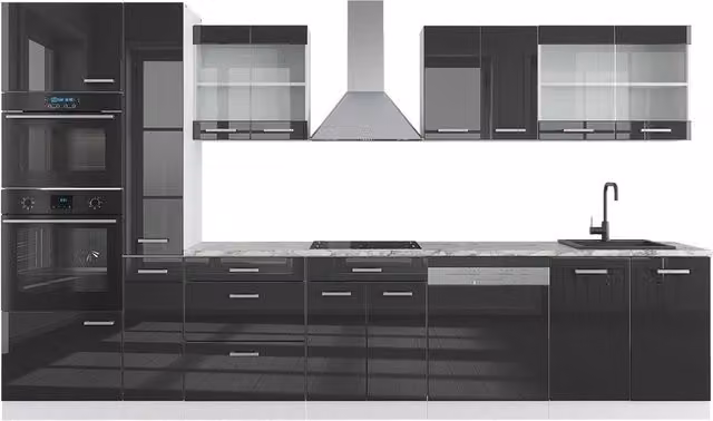 Cucina componibile moderna Vicco R-Line Antracite lucido e Bianco, larghezza 350 cm, con armadio alto e ante in vetro, senza piano di lavoro