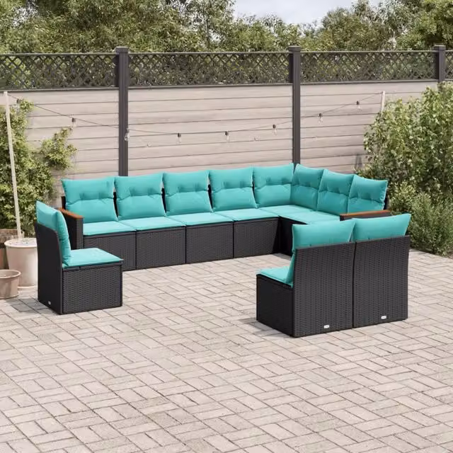Set Divani da Giardino 10 pz con Cuscini Nero in Polyrattan 3226071