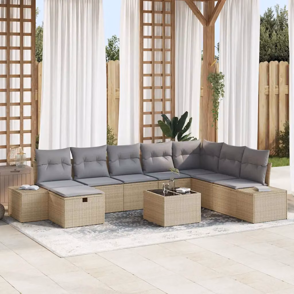 Set Divano da Giardino vidaXL 9 Pezzi Beige con Cuscini e Tavolino in Polyrattan e Metallo – 1