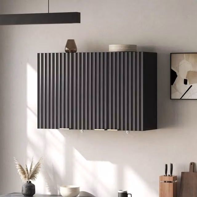 Armadietto pensile da cucina con 3 ante a doghe ondulate, per cucina bagno e lavanderia, in MDF nero, 90 × 29 × 60 cm
