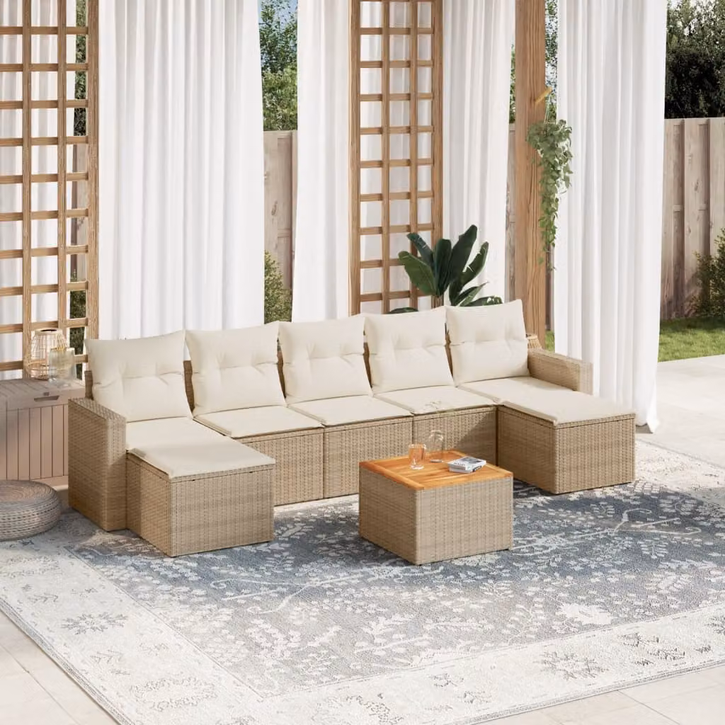vidaXL Set Divano da Giardino 8 pz in Polyrattan Beige con Cuscini e Tavolino – 1