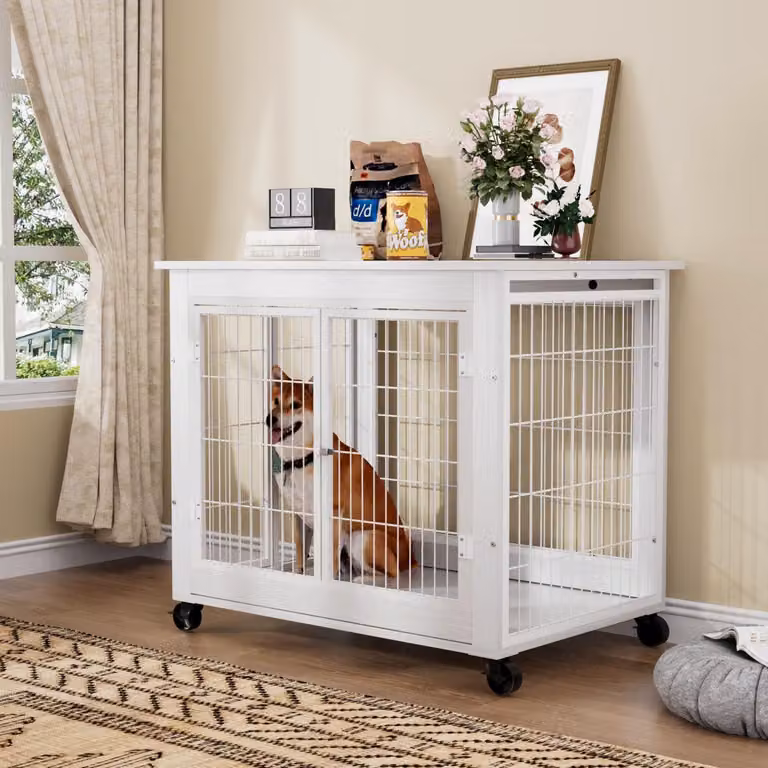 Trasportino per cani in stile mobile Cuccia in legno Tavolo 80x56x69,5 cm Doppia porta Tetto apribile Rotelle Cuccia per cani Interno Bianco