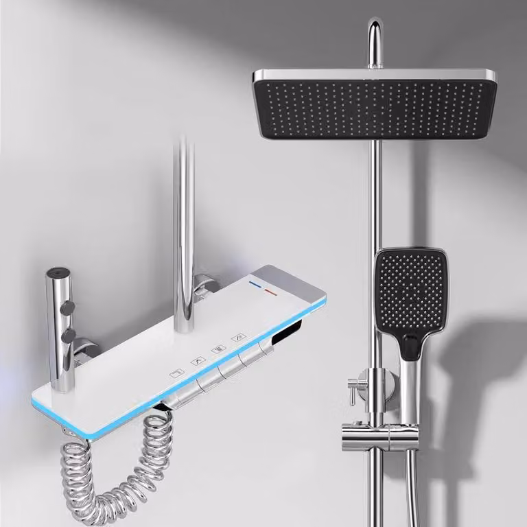 Miscelatore per doccia, bagno - Set doccia a pioggia - Termostatico con display digitale - Illuminazione ambientale - Sistema doccia a parete con soffione, doccetta manuale e getto per vasca - Cromo, bianco