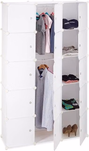 Armadio singolo minimalista con ante a battente e scaffali aperti in metallo e plastica, colore bianco opaco