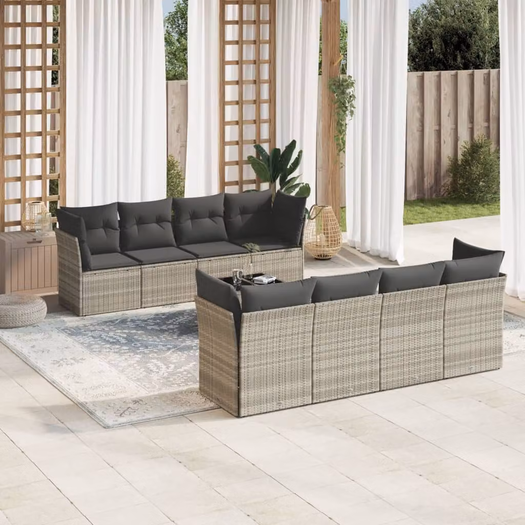 vidaXL Set Divano da Giardino a L in Polyrattan con Cuscini e Tavolino da Esterno, Grigio – 1