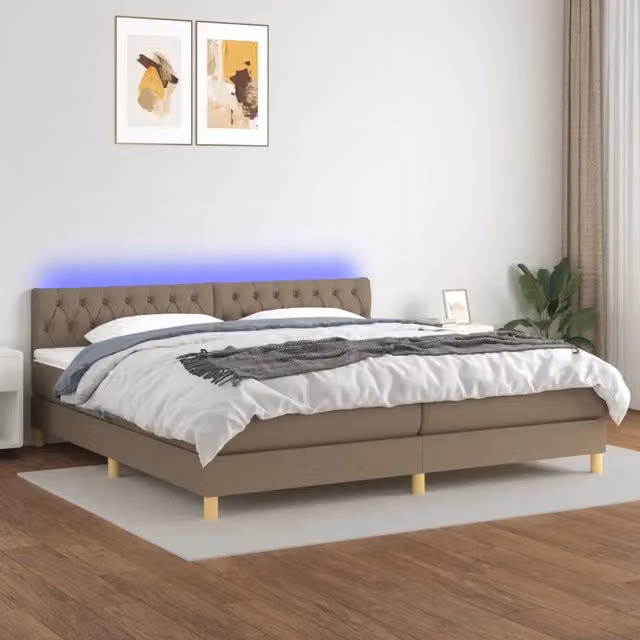 Letto con struttura imbottita e illuminazione LED vidaXL in tessuto beige e bianco L: 200 cm, P: 200 cm, H: 203 cm