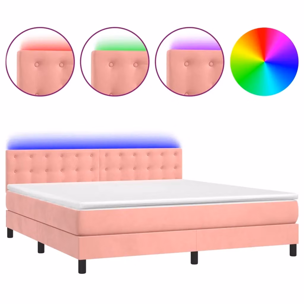 Letto matrimoniale vidaXL in velluto rosa con materasso ibrido, illuminazione LED sottostante e porta USB, L: 160 cm, P: 200 cm, H: 88 cm – 2