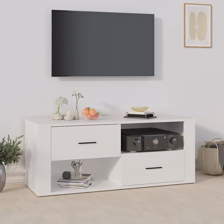 vidaXL Mobile Porta TV Bianco in Legno e MDF con Ruote, Stile Rustico, L 100 cm x P 35 cm x H 40 cm