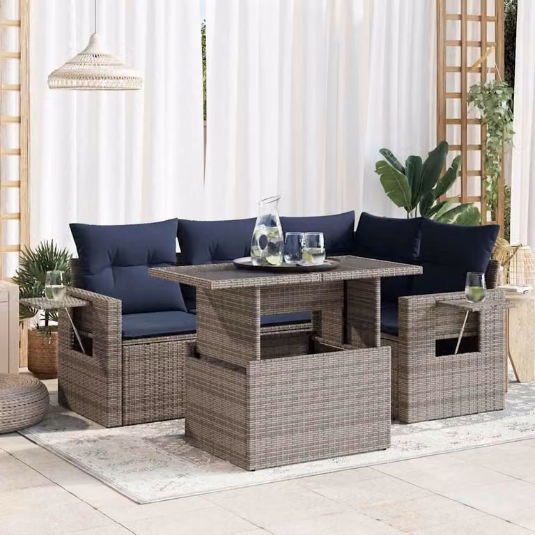 Set di divani da giardino vidaXL in polyrattan grigio con cuscini e tavolino da esterno a forma di L