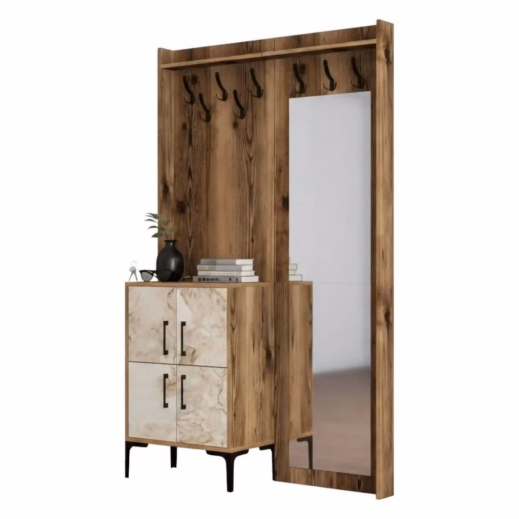 Mobile da ingresso Isidore DMORA, composizione appendiabiti e consolle portaoggetti per atrio, L 120 cm x P 35 cm x H 200 cm, Noce e Bianco – 2