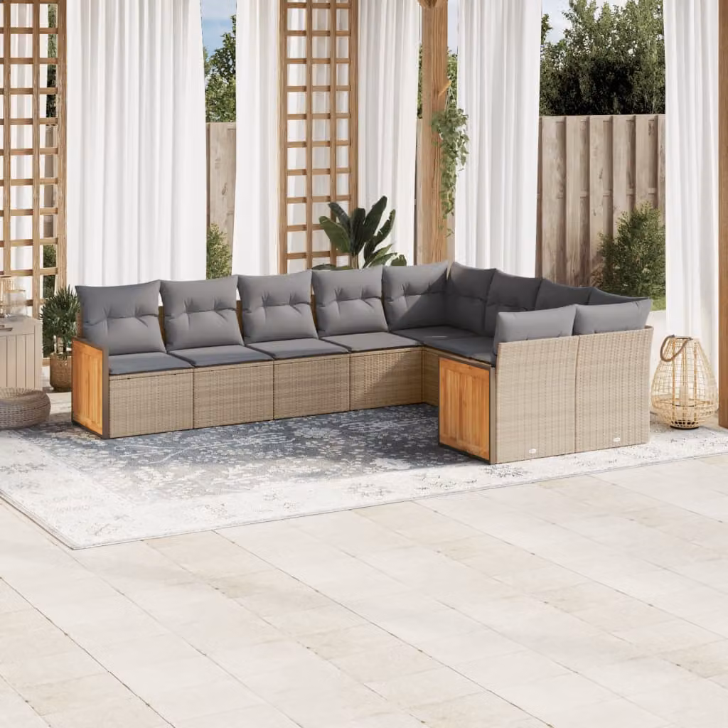 vidaXL Set Divano da Giardino a L 9 pz in Polyrattan con Cuscini Beige e Grigio e Struttura in Acciaio Verniciato a Polvere