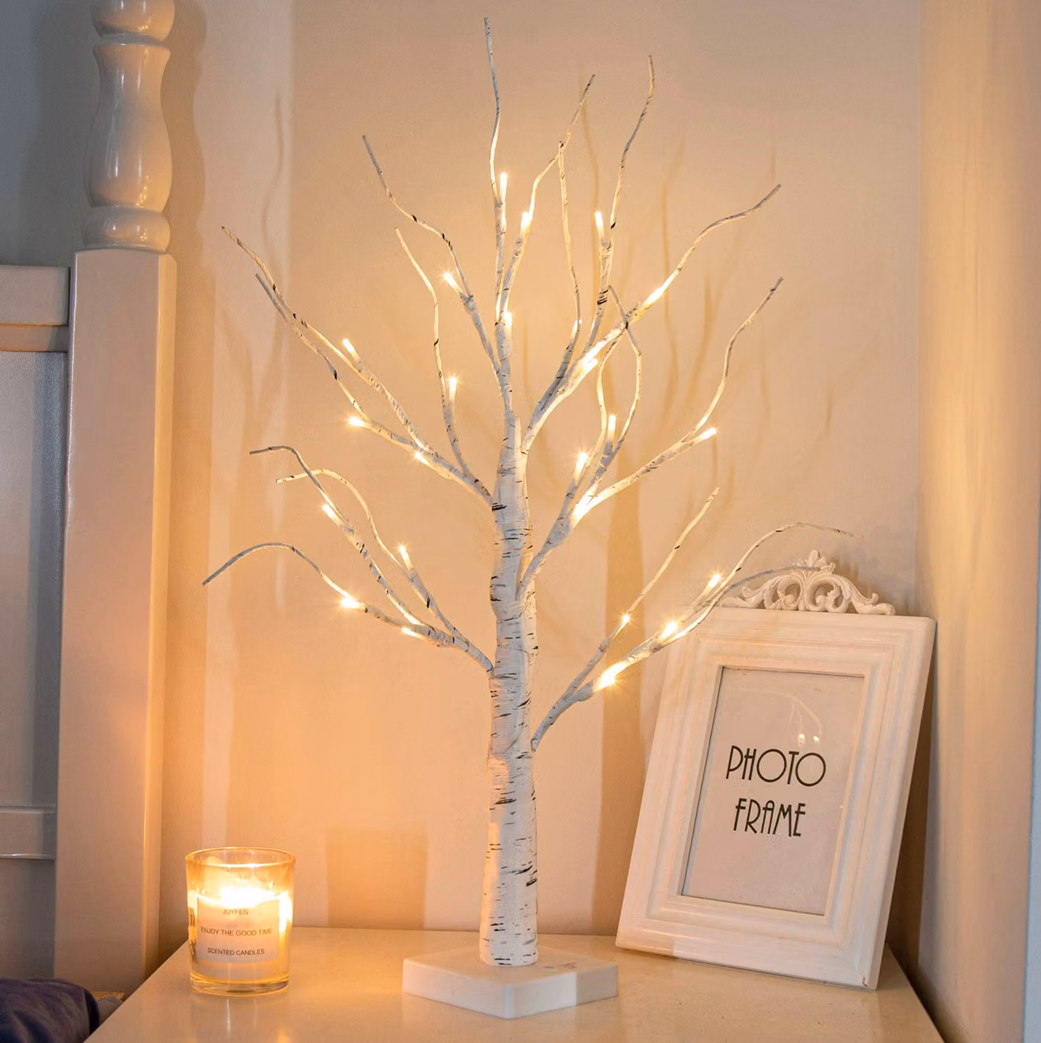 Albero decorativo alto 60 cm, con 24 luci LED bianco caldo, aspetto simile alla betulla, alimentato a batteria