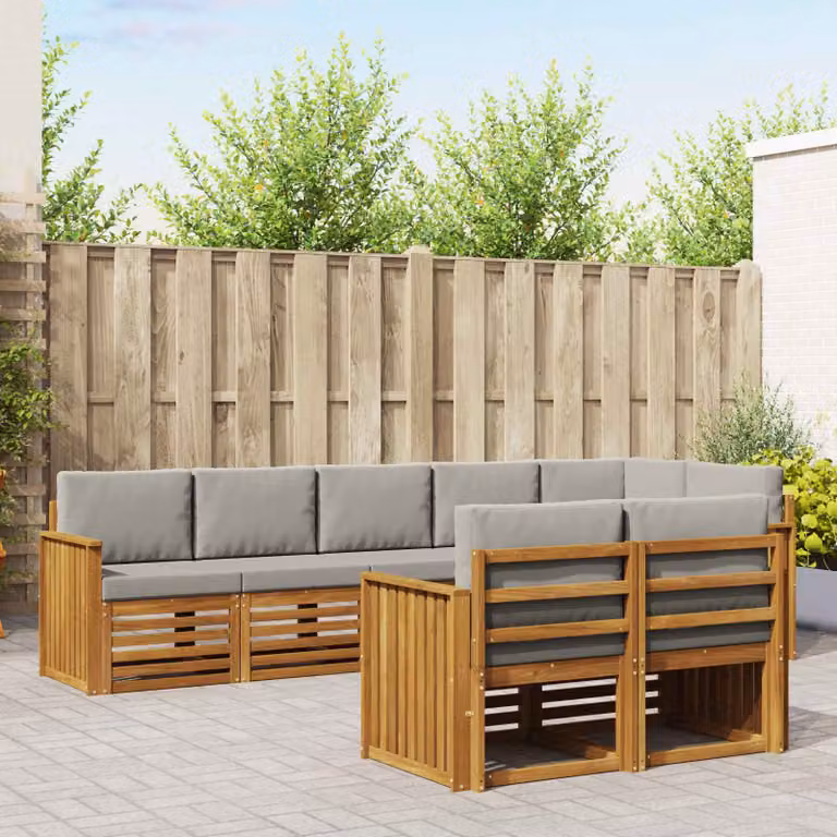 Set di divani da esterno vidaXL a forma di L composto da 8 pezzi in legno di acacia con cuscini beige e grigio chiaro