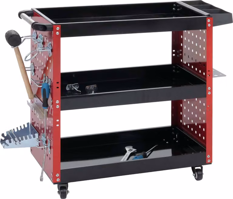 Carrello portautensili MCW-M26, carrello da officina, ruote e maniglia, 3 ripiani con griglia forata, acciaio 73x90x35 cm, rosso