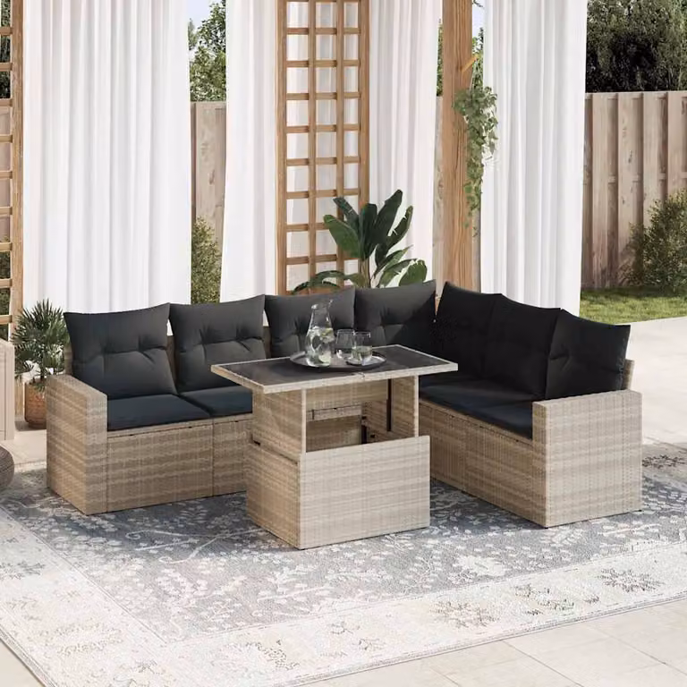 Set Divani da Giardino vidaXL 7 Pezzi a Forma di L con Cuscini e Tavolino, Polyrattan e Metallo, Grigio