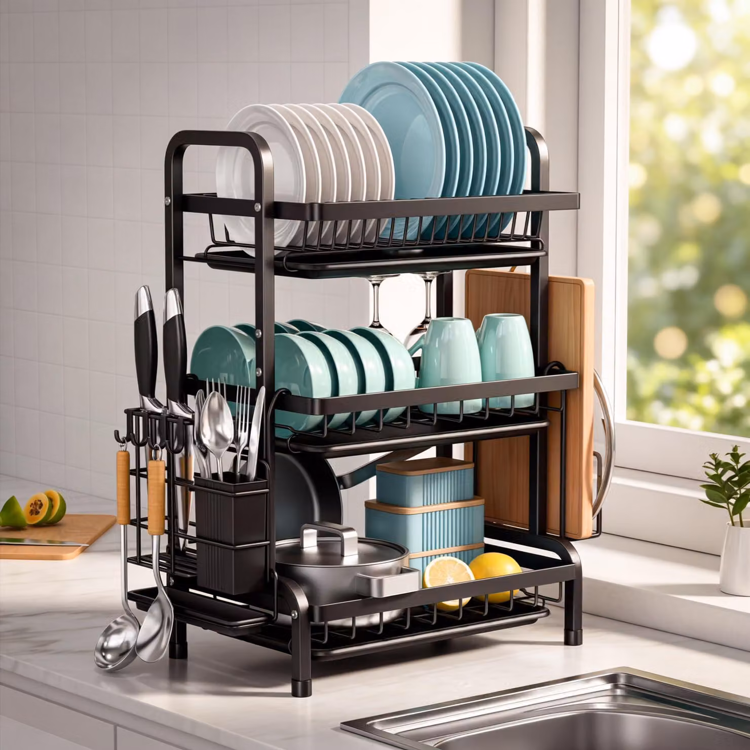 Scaffale essiccatore nero a 3 livelli, asciuga stoviglie da cucina con vaschetta di raccolta e supporto per utensili