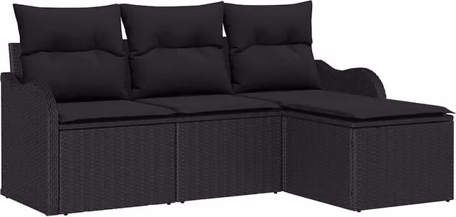 Set Salotto da Giardino Outsunny in Polyrattan Nero con Divano a L, Tavolino in Vetro e Ottoman con Cuscini