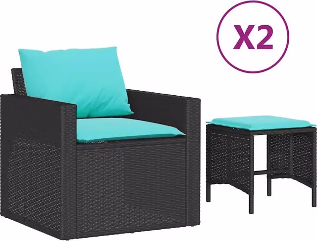 Set Salotto da Giardino 4 Pezzi Design In con Poltrone e Ottoman in Polyrattan Nero e Blu con Cuscini Rimovibili
