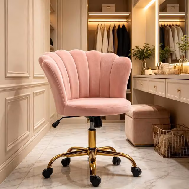 Sedia da parrucchiere in velluto rosa, schienale a petalo, altezza regolabile 48 58 cm