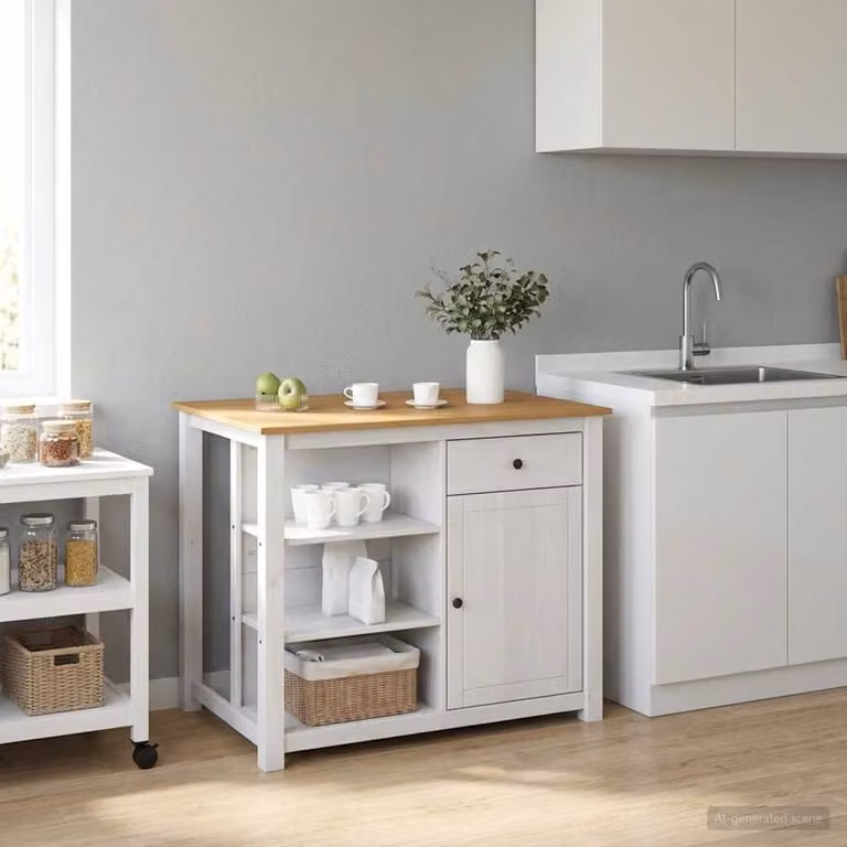 Set isola da cucina vidaXL PANAMA in legno di pino bianco e cera di miele, stile moderno per cucina e sala da pranzo, L: 112,0 cm, P: 77,0 cm, H: 90,0 cm