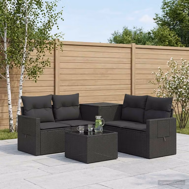Set di divani da giardino vidaXL a forma di L composto da 6 pezzi in rattan sintetico e metallo nero con cuscini inclusi