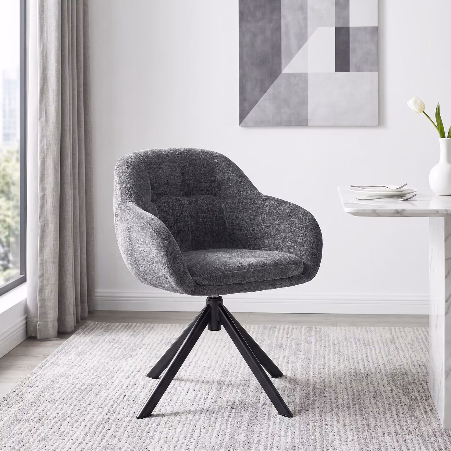 Poltrona da salotto Duhome con braccioli in tessuto chenille, sedia da toeletta, sedia da sala da pranzo con seduta girevole a 360°, grigio