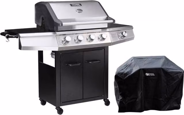 Barbecue a gas Bingo 5 Habitat et Jardin con 5 piastre, bruciatore laterale, termometro e fodera di protezione, Nero – 1