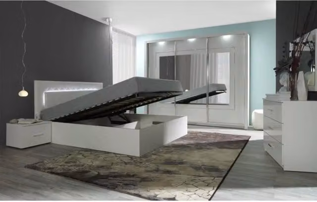 Set letto moderno MEUBLORAMA PANAREA con illuminazione LED sottostante, contenitore a sollevamento e comodini, Bianco lucido, L/P/H: 180 x 200 x 187 cm