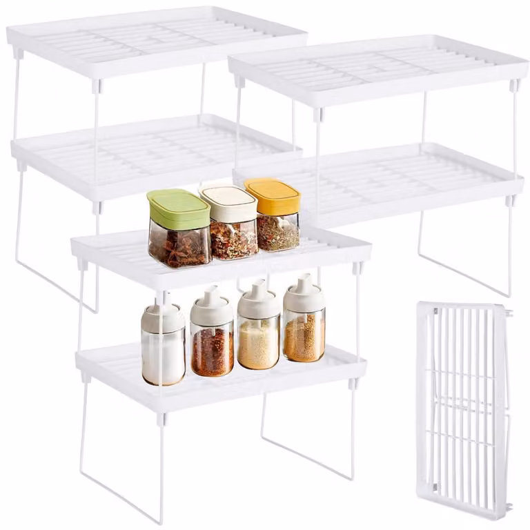 Ripiano impilabile per cucina, 6 pezzi, pieghevole, bianco, realizzato in plastica con struttura in metallo, adatto anche per il bagno