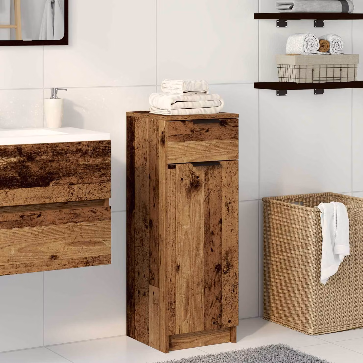 Mobile da bagno vidaXL in legno marrone con cassetti e ante, L 32 cm x P 34 cm x H 90 cm