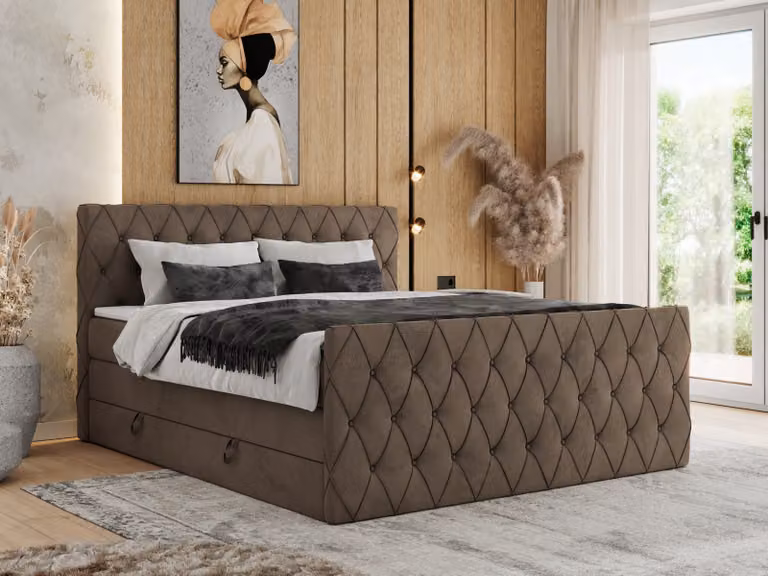 Letto con rete a molle MKS MEBLE, 160 x 200 cm, con contenitore, letto 160 x 200 cm con materasso H4, letto con rete a molle 160 x 200 cm con topper - Miren King Duo - Velluto marrone - H4