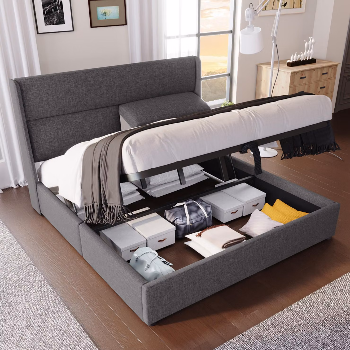 okwish Letto imbottito 140x200 cm, Letto matrimoniale con poggiatesta regolabili, Letto contenitore, Struttura in lino, Lettino con griglia, Grigio (Senza materasso)