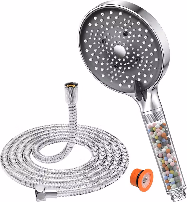 Rubinetto da doccia con tubo da 1,6 metri, 6 tipi di getto, filtro anticalcare, portata di 9 litri al minuto, ideale per il bagno