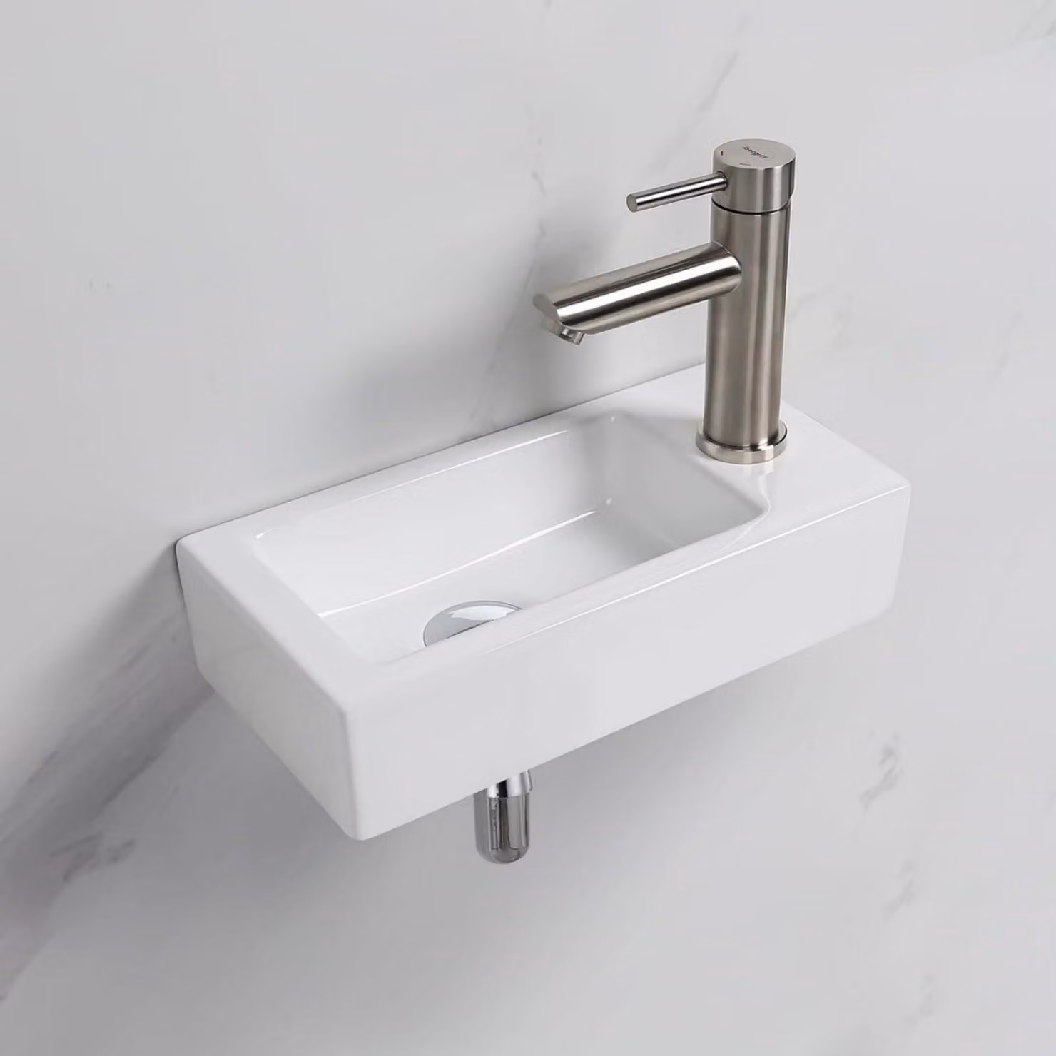 Lavabo in Vetroceramica, dimensioni 376x188x93 mm, con un foro per il rubinetto posizionato a destra, da montare a parete, colore bianco