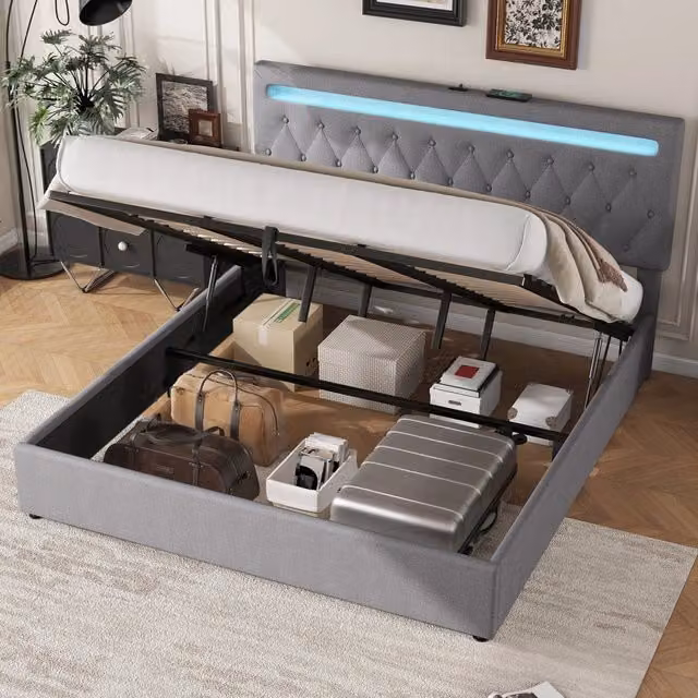 Letto imbottito REDOM grigio con contenitore a elevazione idraulica, illuminazione LED e porta USB, L/P: 180 x 200 cm – 1