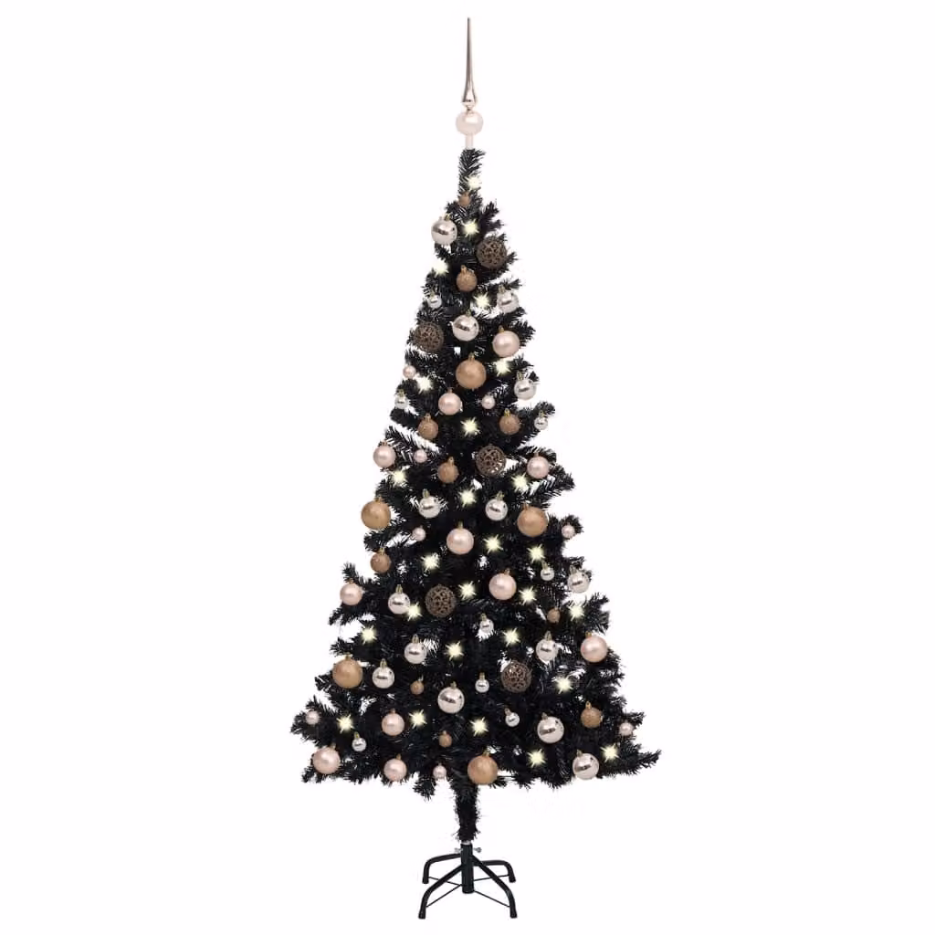 The Living Store Albero di Natale artificiale con luci e palline nero 180 cm