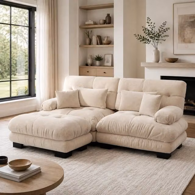 Divano modulare in ciniglia con pouf mobili e cuscini lombari; marrone chiaro