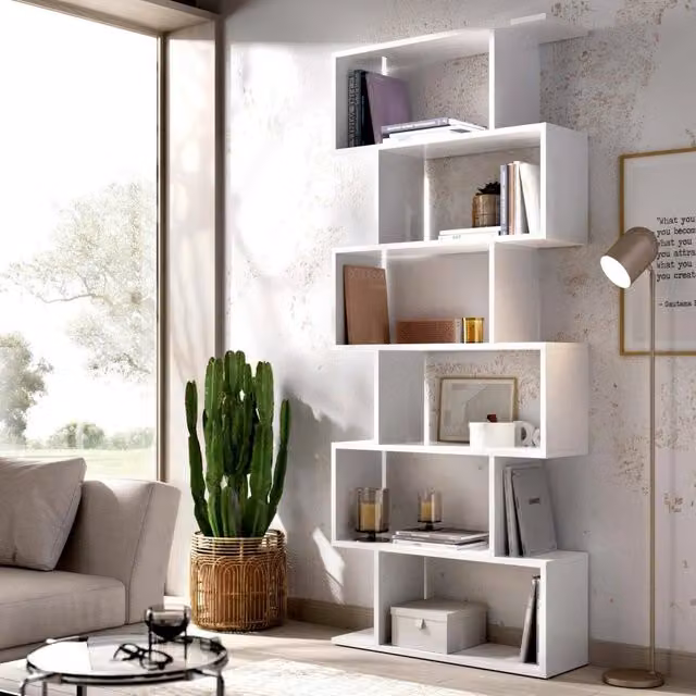 Libreria As DMORA, Scaffale da ufficio e soggiorno multiuso con 6 ripiani, Bianco lucido, L 80 x P 25 x H 190 cm