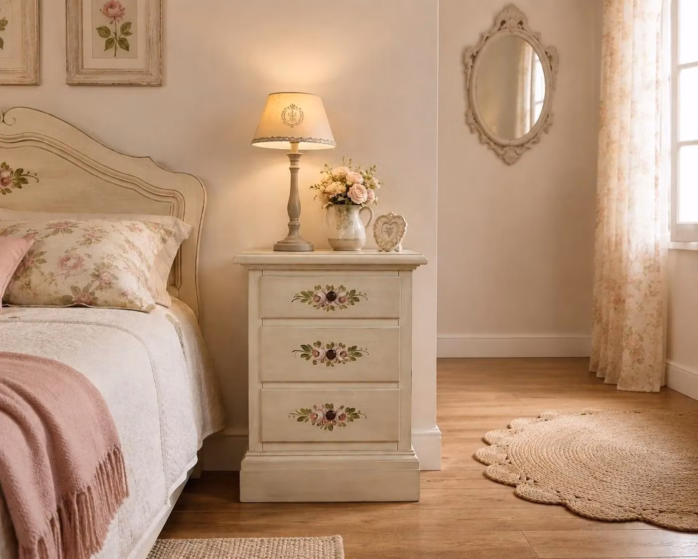 Comodino Mobili 2G in legno di pino stile shabby chic bianco anticato con 3 cassetti e decori floreali L: 50 cm, P: 38 cm, H: 65 cm – 2