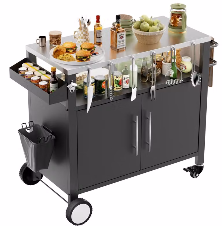 Carrello barbecue a due ante per esterni, tavolo barbecue con vano portaoggetti, carrello bar su ruote, carrello barbecue con ganci e ripiano porta-spezie per gli accessori da barbecue, nero